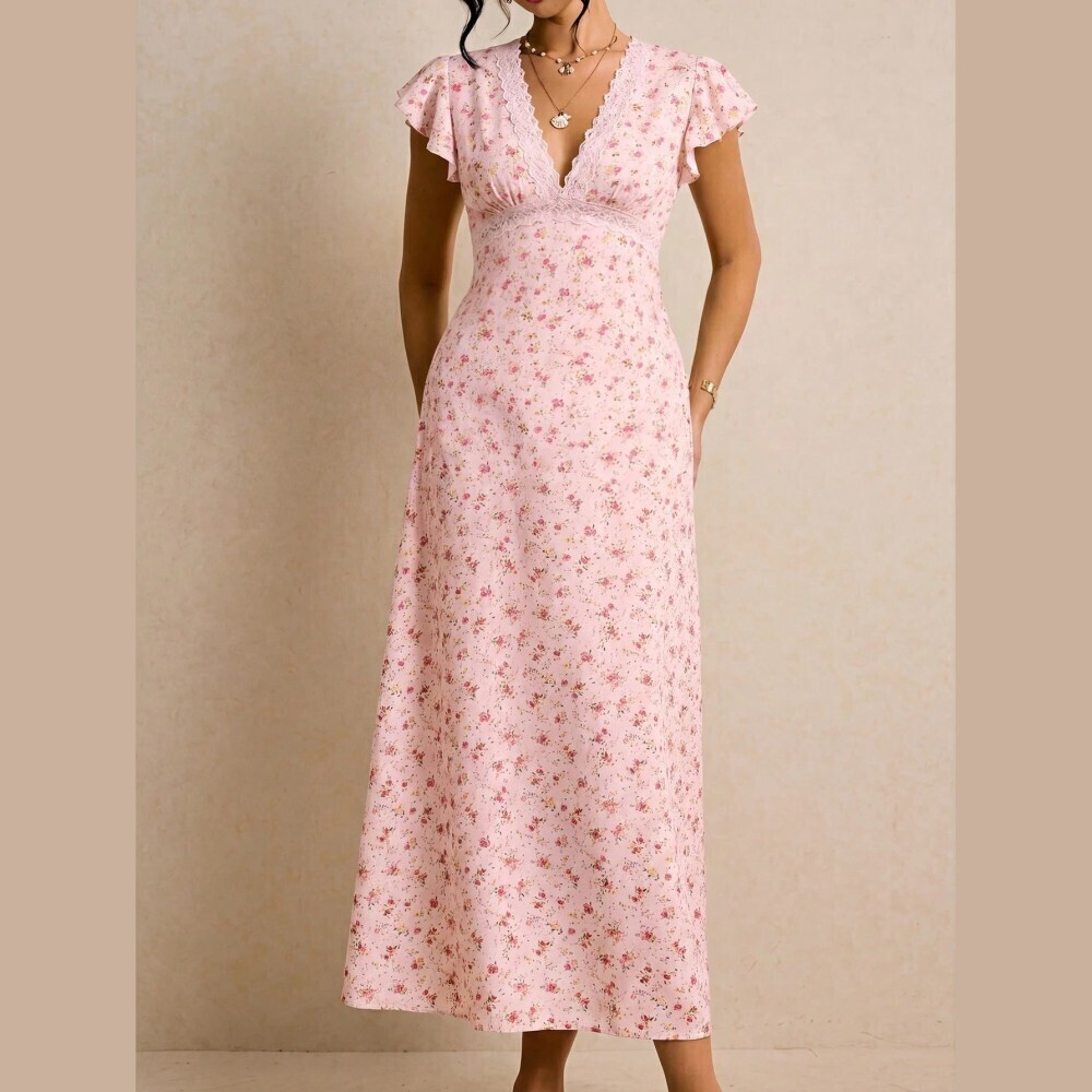 Pink Floral Lace-Trim V-Neck Maxi Dress with Flutter Sleeves